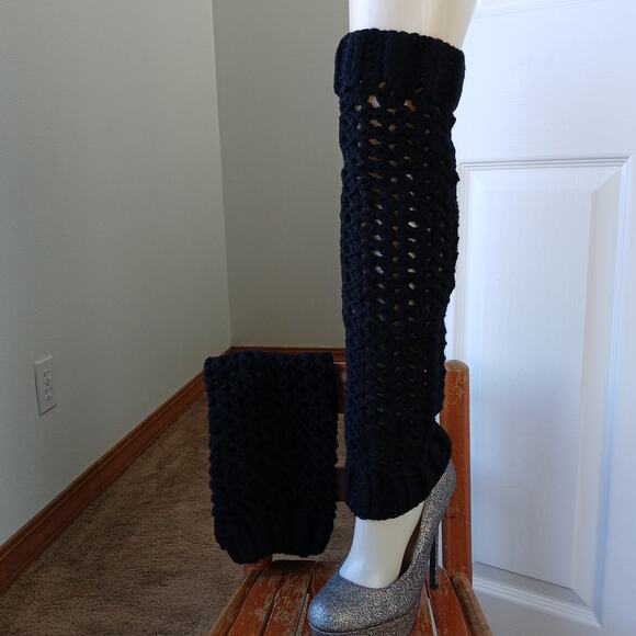Hand Crafted Accessories - Black Leg Warmers OSFM crochet warm thick chunky over the knee dance premade